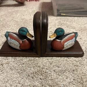 Vintage Mallard Duck Ceramic Wood Bookends